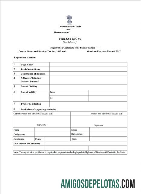 Certificado em branco da Índia de registro GST modelo Word e PDF